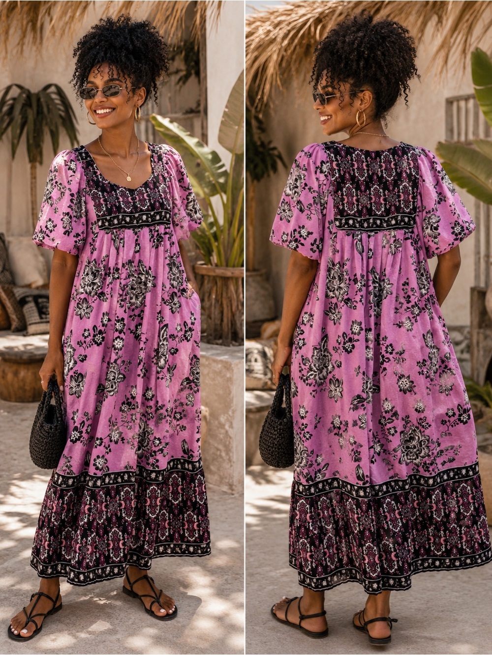 Only Necessities Pink Floral Boho Maxi Lounge Dress with Black Contrast